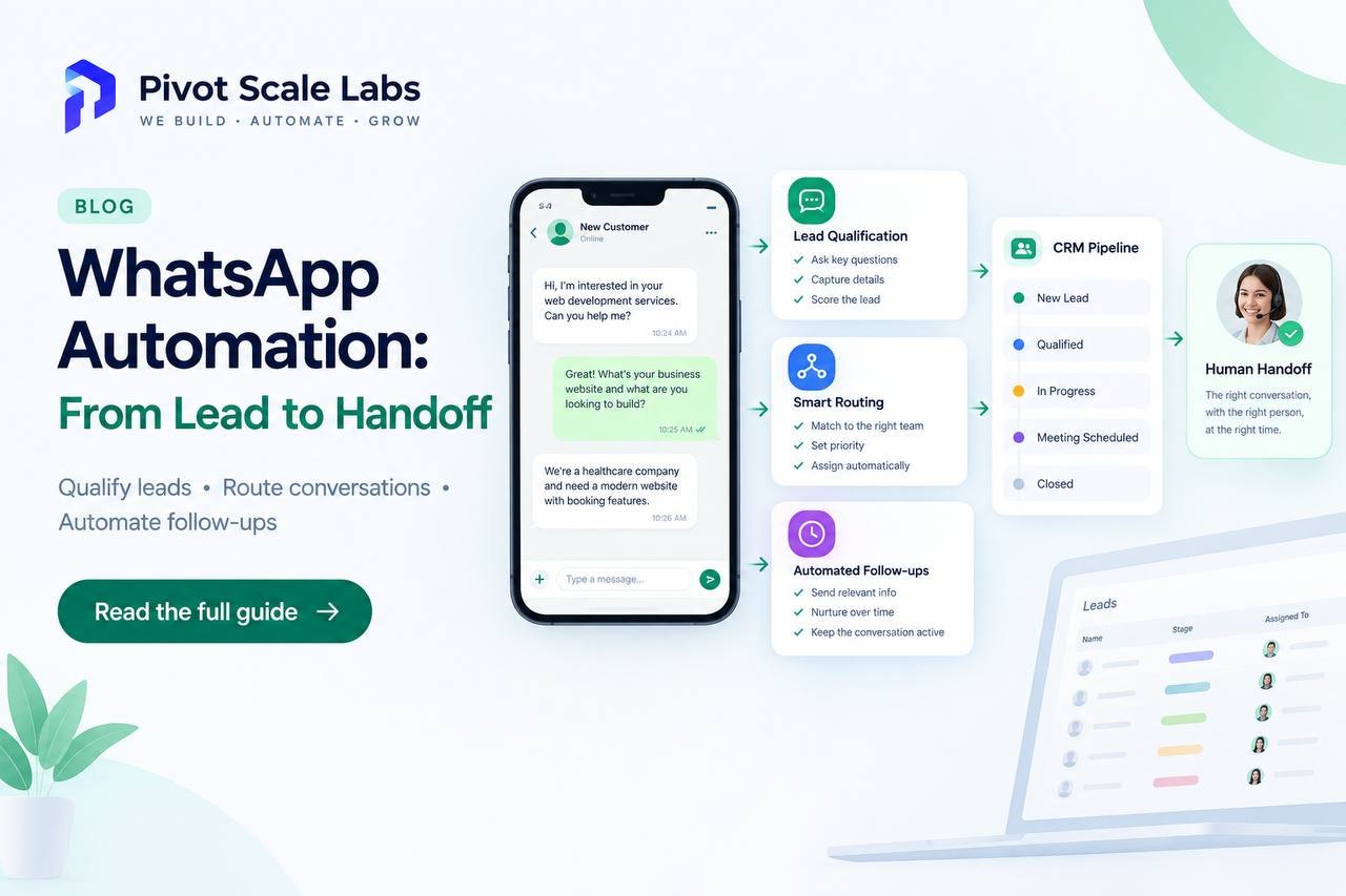 WhatsApp automation flow, from a customer's first message through lead qualification, routing, CRM stages and human handoff